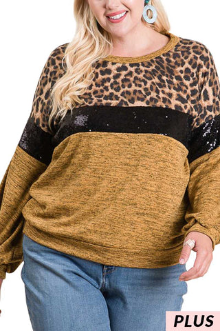 Mustard Sequin & Leopard Print Top PLUS