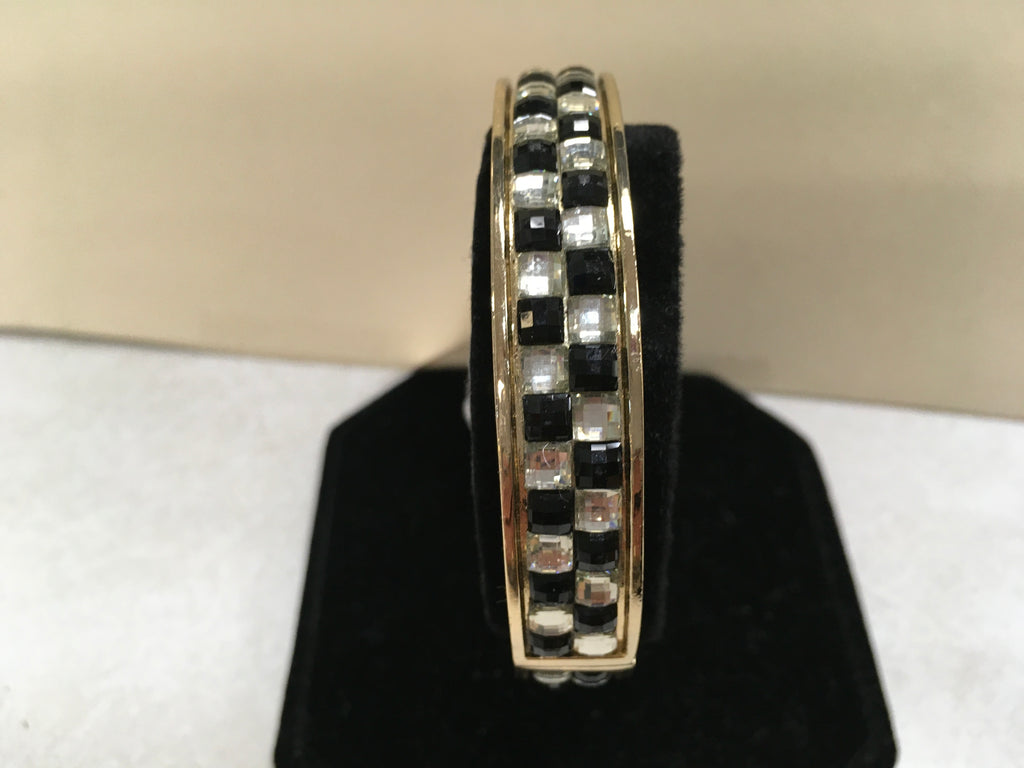 Black and crystal checker design gold bangle bracelet