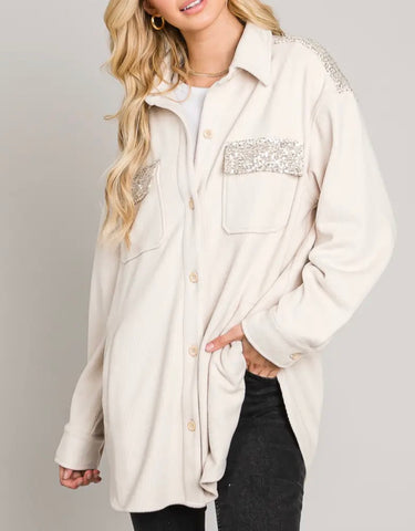 Cream Silver Sequin Corduroy Shacket Jacket