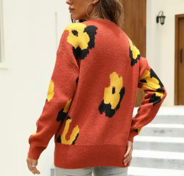 Orange Daisy Floral Knit Sweater