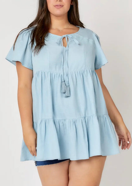 Blue tier with tie neck top Plus