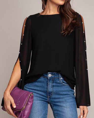 Black pearl embellished split sleeve top