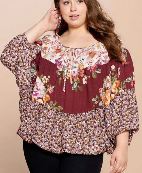 Burgundy floral blocked blouse PLUS