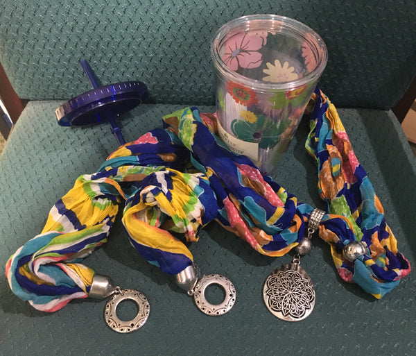 Blue floral travel cup with scarf set