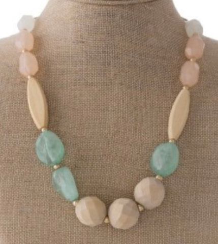 Mint natural stone wooden bead statement necklace