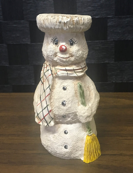 Wood world snowman candle stick holder Preowned