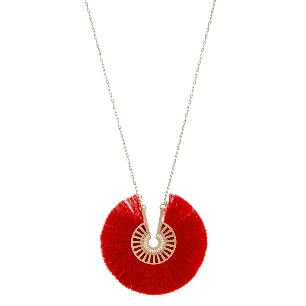 Red fringe pinwheel long necklace