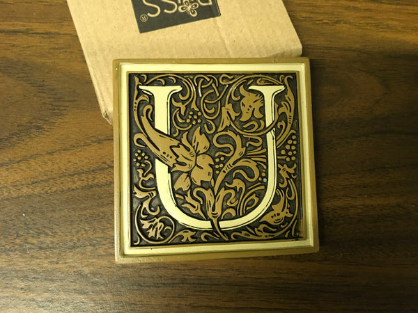 U Initial Russ Tile Magnet Floral Embossed