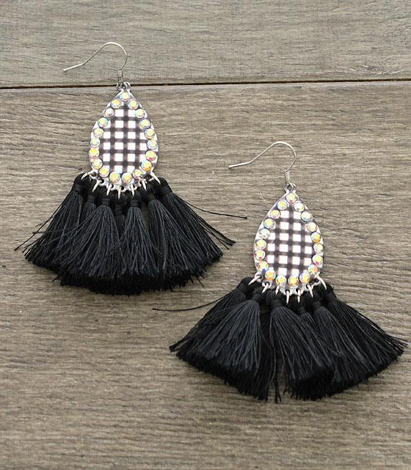 Black Buffalo Plaid Tassel Earrings
