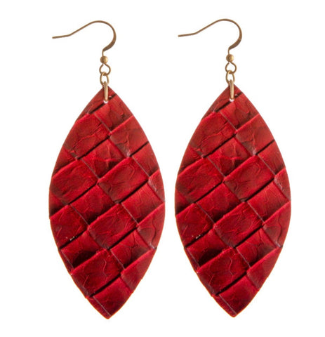 Red oval leather earrings
