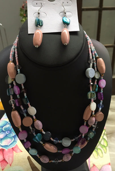 Pink Multi color bead layer necklace set