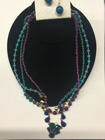 Teal mixed bead layered necklace set