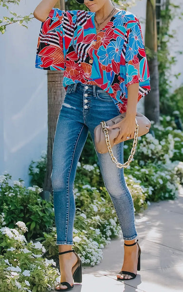 Vibrant Blue red floral print top
