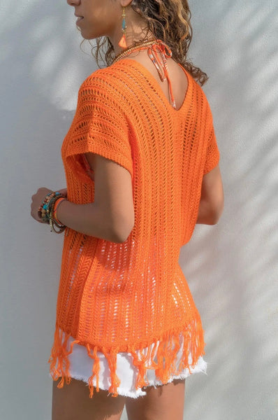 Orange Fringe Openwork V Neck Top