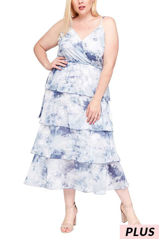 Blue Tie Dye Tiered Ruffled Maxi Dress PLUS