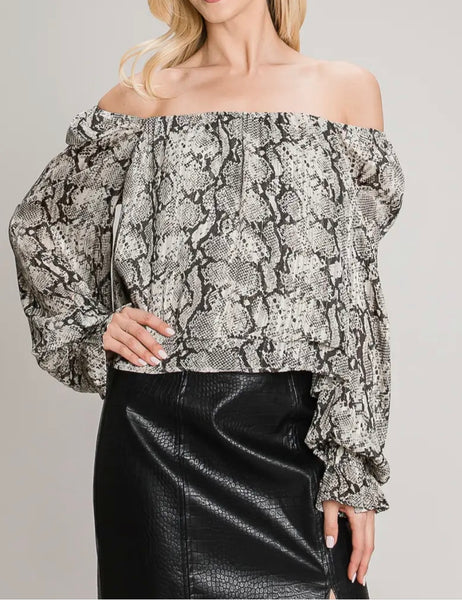 Gray Black Animal print peasant top