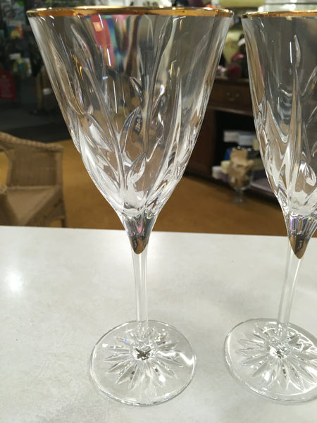Champagne Wine crystal leaf design stem gold rim glasses 2