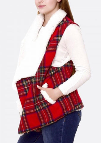 Red tartan plaid Sherpa vest