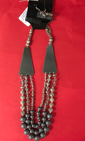 Brown or gray Beaded 3 layer leather detail necklace set