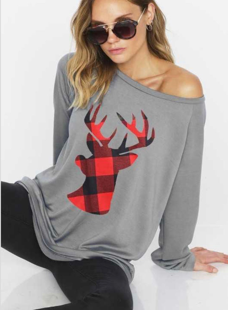 Gray with red plaid deer pullover LAST ONE