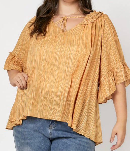 Mustard ruffle neck top Plus