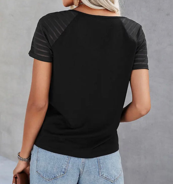 Black Sheer Sleeve V Neck T-Shirt