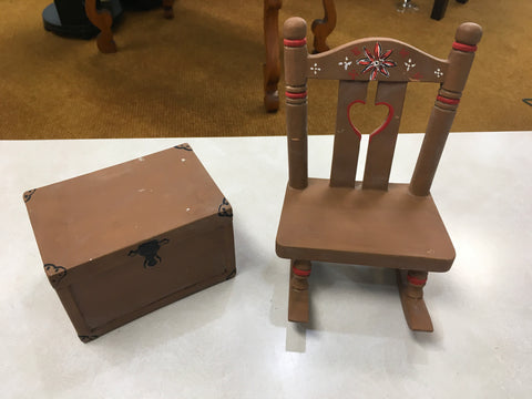 Ceramic doll size rocking chair and trunk