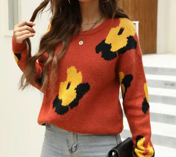 Orange Daisy Floral Knit Sweater