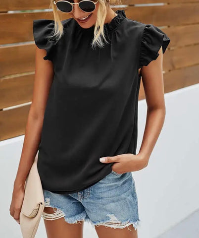 Black Mock Neck Ruffle Short Sleeve Blouse