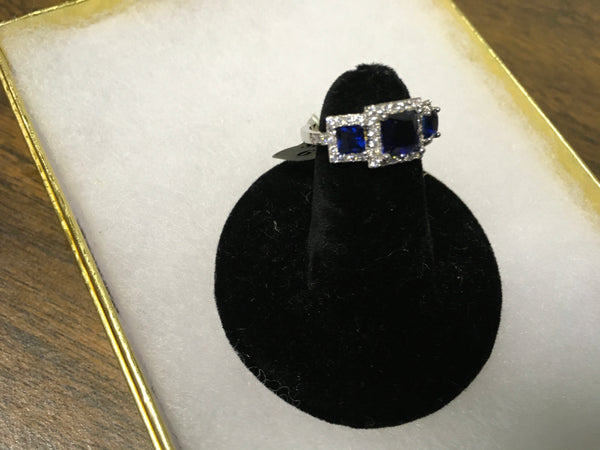 Silver triple sapphire rhinestone  fashion ring size 6
