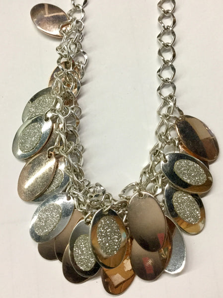 Rose gold and silver discs with paved rhinestone necklace
