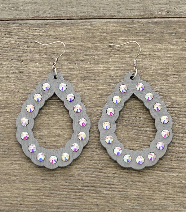 Gray Wood Earrings w/Stones