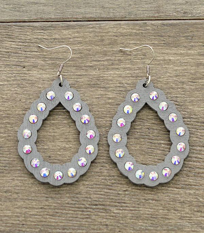 Gray Wood Earrings w/Stones