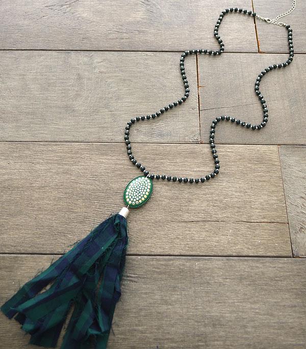 Green Buffalo Plaid Tassel Necklace