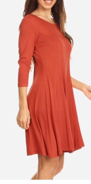 Rust 3/4 sleeve swing dress