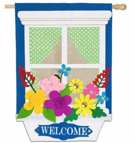 Window box garden flowers house flag