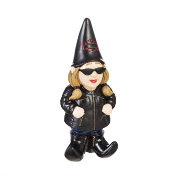 Harley Davidson female biker gnome statue