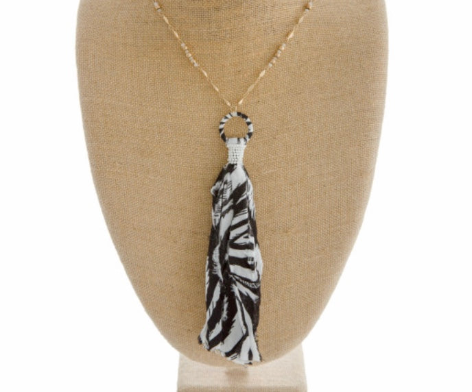 Zebra print fabric tassel necklace