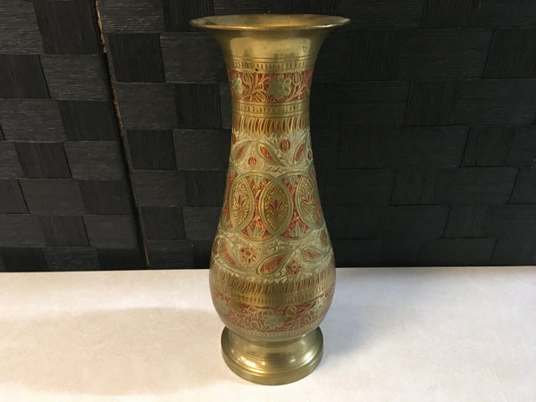 Brass Etched flower handpainted ornate Vase Vintage