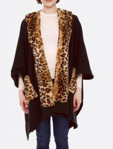 Black with leopard fur Cape Jacket