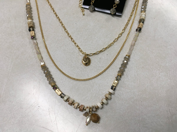 Earth tone iridescent bead layered necklace set
