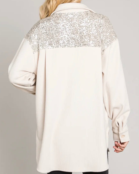 Cream Silver Sequin Corduroy Shacket Jacket