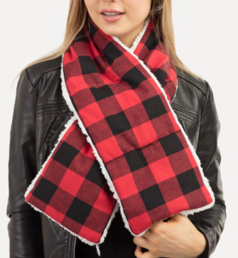 Red Black Buffalo plaid Sherpa quilted scarf