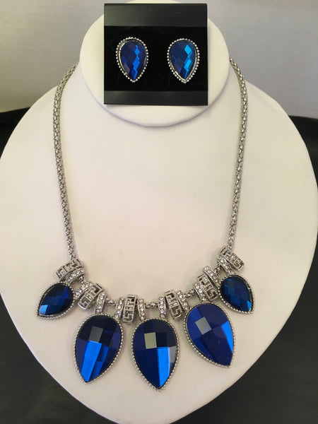 Blue sapphire pear rhinestone necklace set
