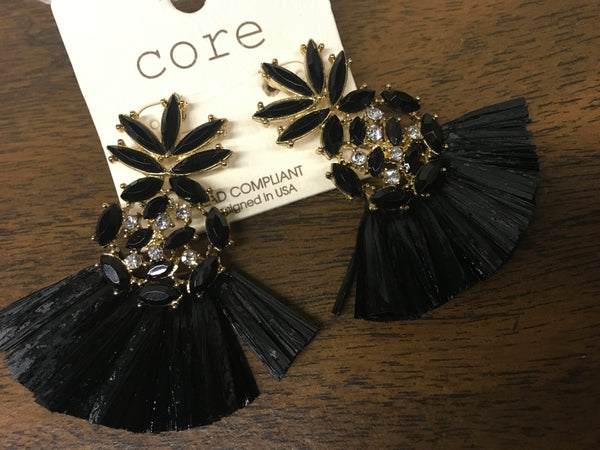 Black gold rhinestone taffeta fringe earrings