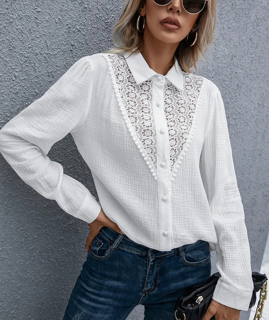 White Lace Detail Button Shirt