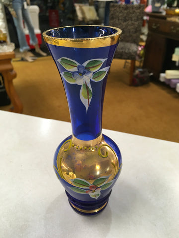 Cobalt blue glass handpainted gold floral vase Vintage