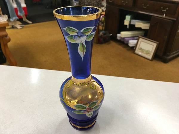 Cobalt blue glass handpainted gold floral vase Vintage