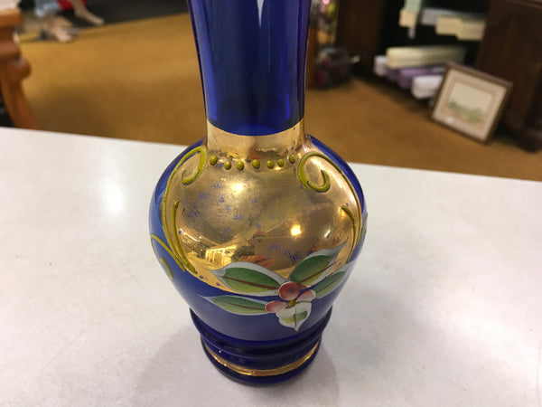 Cobalt blue glass handpainted gold floral vase Vintage