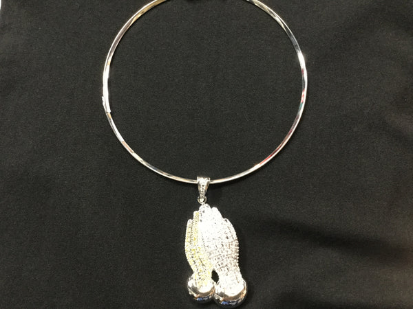 silver choker with gold silver praying hands necklace